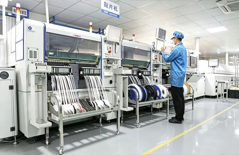 A staff dressed in blue is operating a surface-mount technology (SMT) placement machine